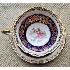 Paragon Teacup and Saucer Cobalt Gold Floral Cabbage Rose Flower Made in England